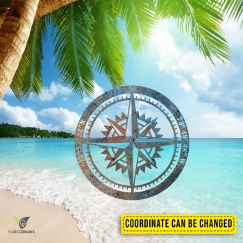 Customized Rusty Nautical Compass Circle Metal Sign, Beach House Porch Wall Hanging