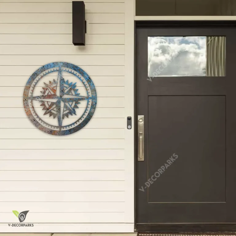 Customized Rusty Nautical Compass Circle Metal Sign, Beach House Porch Wall Hanging