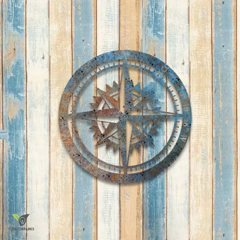 Customized Rusty Nautical Compass Circle Metal Sign, Beach House Porch Wall Hanging