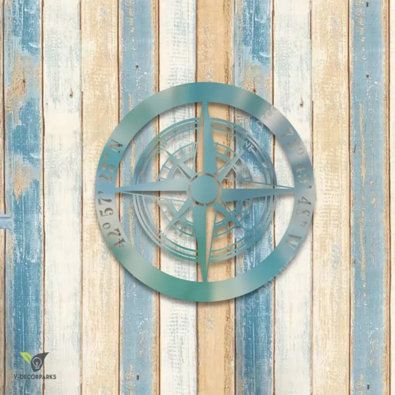 Custom Coordinate Nautical Compass Colored Metal Art, Gift For Fishers