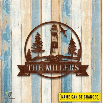 Rustic Lighthouse Scene Personalized Metal Sign, Lighthouse Beach Welded Art