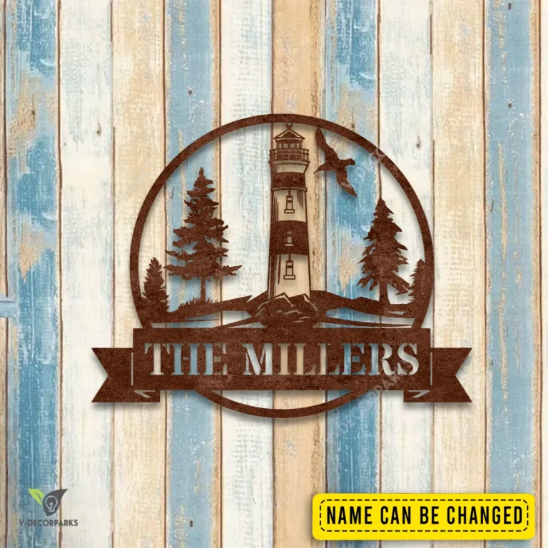 Rustic Lighthouse Scene Personalized Metal Sign, Lighthouse Beach Welded Art