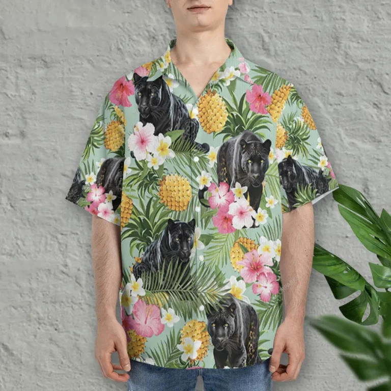 Panther Hawaiian Shirts For Men Women, Hibiscus Pineapple Summer Beach Shirts, Tropical Fruits Button Down Short Sleeve Shirts, Casual Aloha Shirts