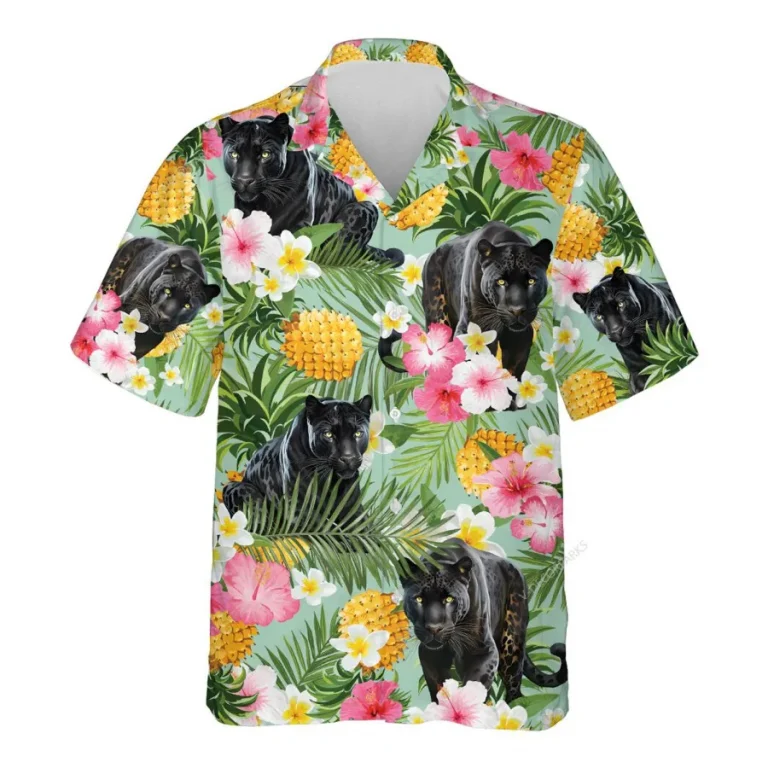 Panther Hawaiian Shirts For Men Women, Hibiscus Pineapple Summer Beach Shirts, Tropical Fruits Button Down Short Sleeve Shirts, Casual Aloha Shirts