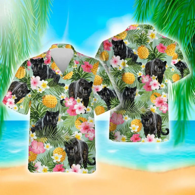Panther Hawaiian Shirts For Men Women, Hibiscus Pineapple Summer Beach Shirts, Tropical Fruits Button Down Short Sleeve Shirts, Casual Aloha Shirts