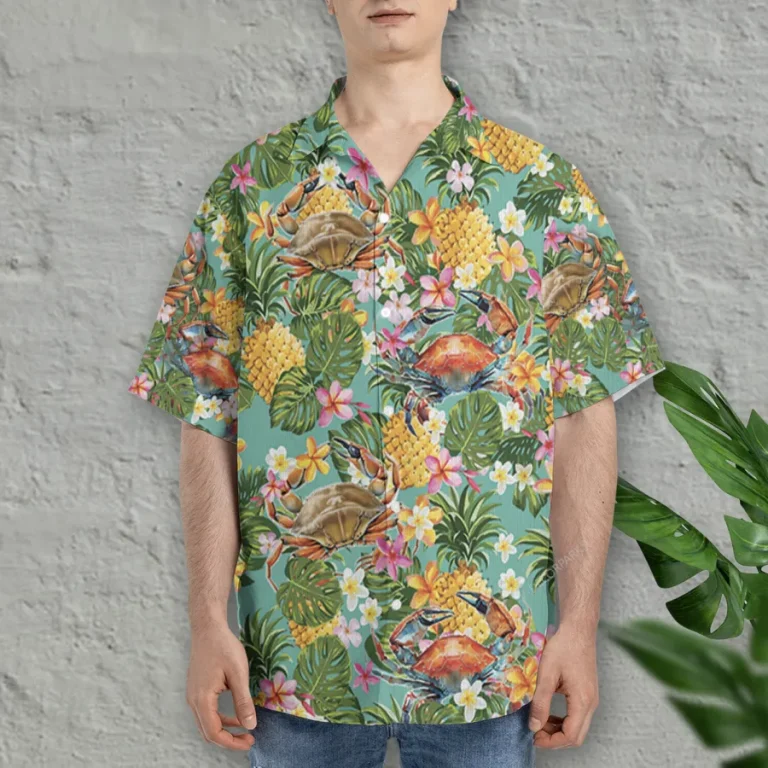 Tropical Crab Hawaiian Shirts For Men Women, Floral Pineapple Summer Beach Shirts, Tropical Fruits Button Down Short Sleeve Shirts, Casual Aloha Shirt