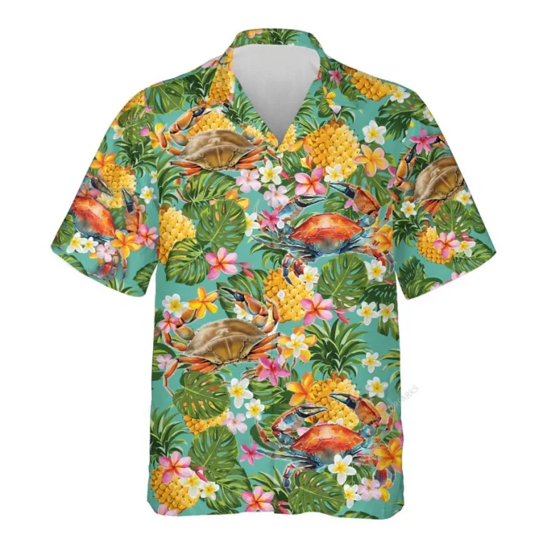 Tropical Crab Hawaiian Shirts For Men Women, Floral Pineapple Summer Beach Shirts, Tropical Fruits Button Down Short Sleeve Shirts, Casual Aloha Shirt