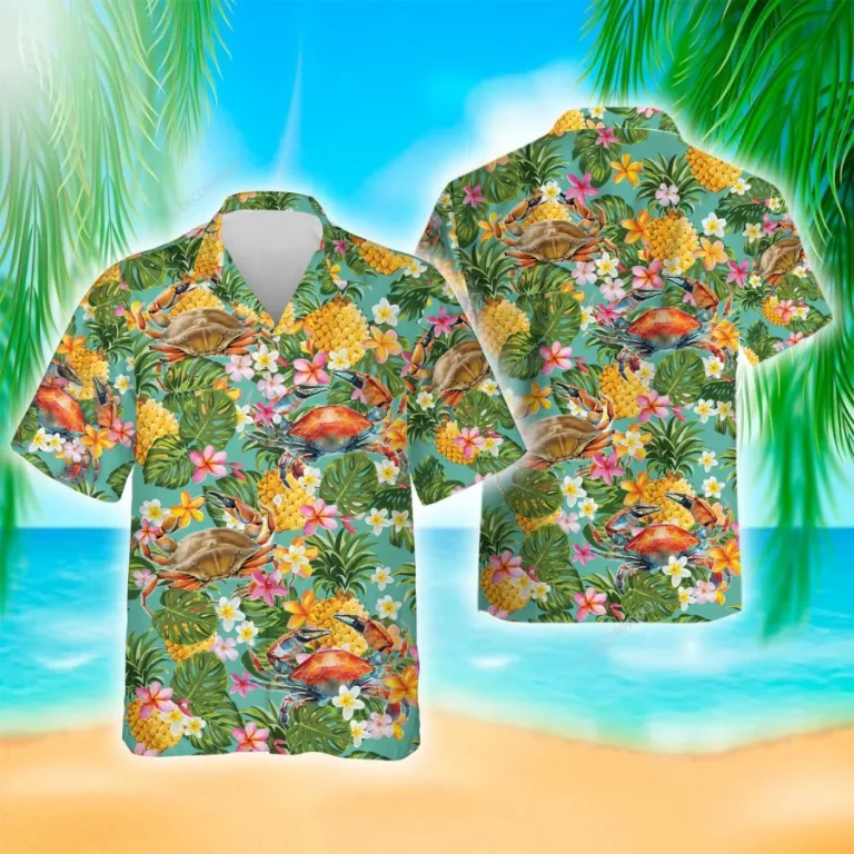 Tropical Crab Hawaiian Shirts For Men Women, Floral Pineapple Summer Beach Shirts, Tropical Fruits Button Down Short Sleeve Shirts, Casual Aloha Shirt
