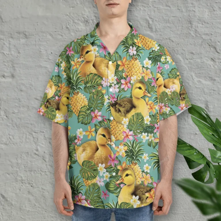 Tropical Duck Hawaiian Shirts For Men Women, Floral Pineapple Summer Beach Shirts, Tropical Fruits Button Down Short Sleeve Shirts, Casual Aloha Shirt