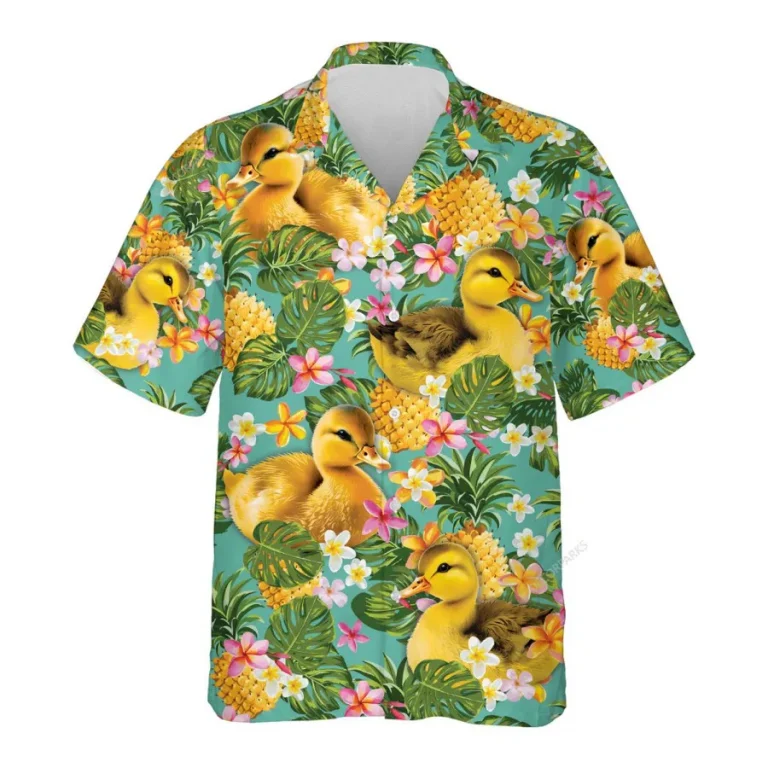 Tropical Duck Hawaiian Shirts For Men Women, Floral Pineapple Summer Beach Shirts, Tropical Fruits Button Down Short Sleeve Shirts, Casual Aloha Shirt