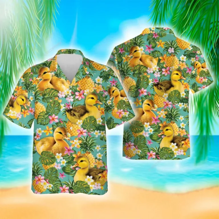 Tropical Duck Hawaiian Shirts For Men Women, Floral Pineapple Summer Beach Shirts, Tropical Fruits Button Down Short Sleeve Shirts, Casual Aloha Shirt