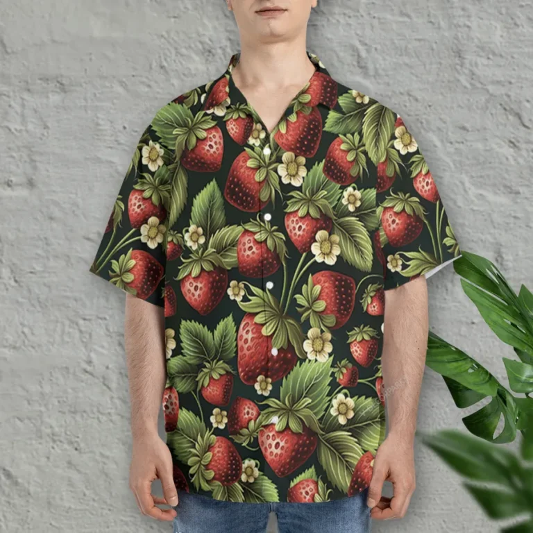 Strawberry Hawaiian Shirts For Men Women, Tropical Strawberry Summer Beach Shirts, Tropical Fruits Button Down Short Sleeve Shirts, Casual Aloha Shirt