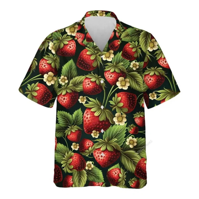 Strawberry Hawaiian Shirts For Men Women, Tropical Strawberry Summer Beach Shirts, Tropical Fruits Button Down Short Sleeve Shirts, Casual Aloha Shirt