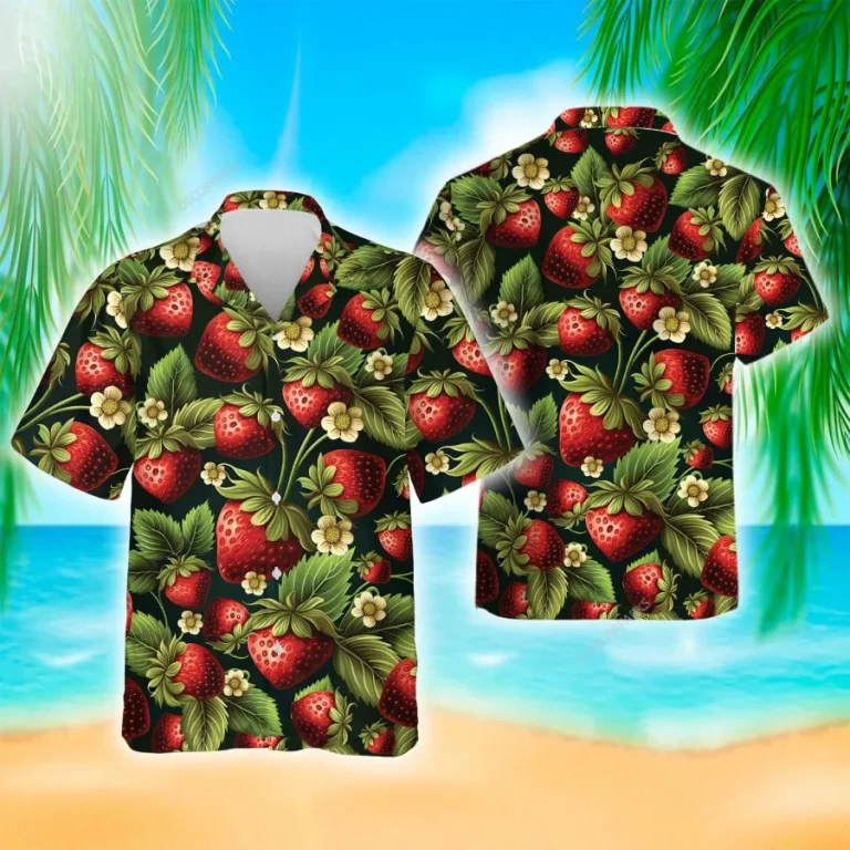 Strawberry Hawaiian Shirts For Men Women, Tropical Strawberry Summer Beach Shirts, Tropical Fruits Button Down Short Sleeve Shirts, Casual Aloha Shirt