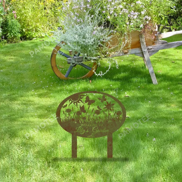 Customized Welcome Rustic Metal Garden Art, Grass, Butterflies Steel Decoration