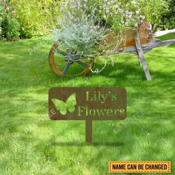 Customized Name Butterflies, Flowers Green Rustic Metal Garden Decor, Flower Evergreen Artwork