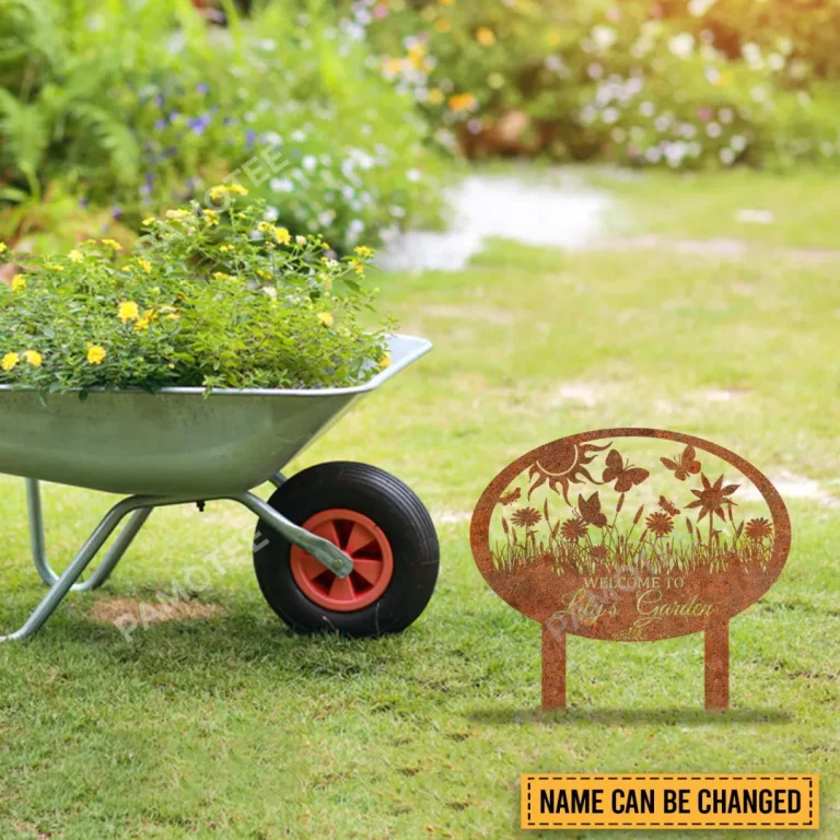 Personalized Welcome Rusted Metal Garden Sign, Butterflies And Sun Yard Stake