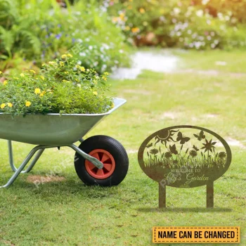 Customized Welcome Rustic Metal Garden Art, Grass, Butterflies Steel Decoration