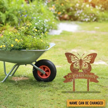 Personalized Butterfly Above Ribbon Rusty Metal Garden Sign, Butterfly Above Ribbon Decorative Artwork