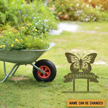Customized Butterfly Above Ribbon Green Metal Garden Art Monogram, Butterfly Stake For Mother