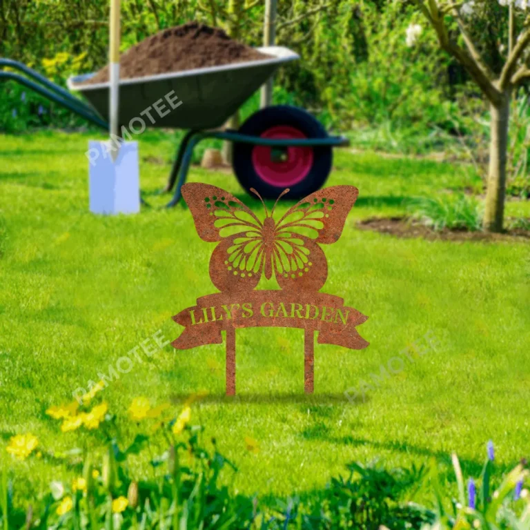 Personalized Butterfly Above Ribbon Rusty Metal Garden Sign, Butterfly Above Ribbon Decorative Artwork