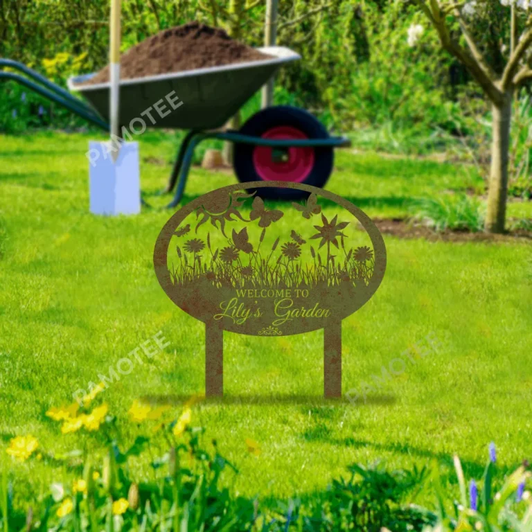 Customized Welcome Rustic Metal Garden Art, Grass, Butterflies Steel Decoration