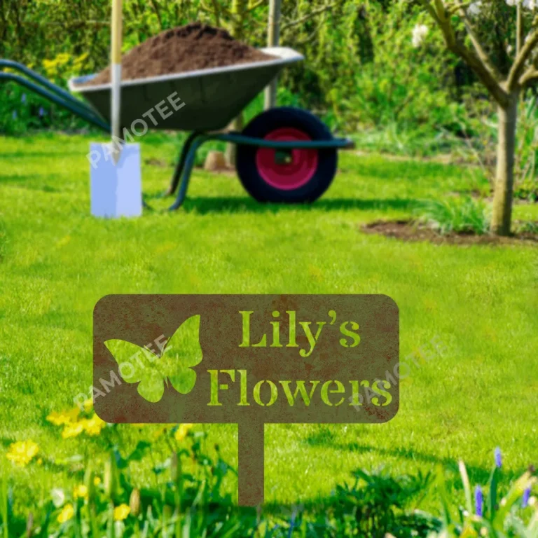 Customized Name Butterflies, Flowers Green Rustic Metal Garden Decor, Flower Evergreen Artwork