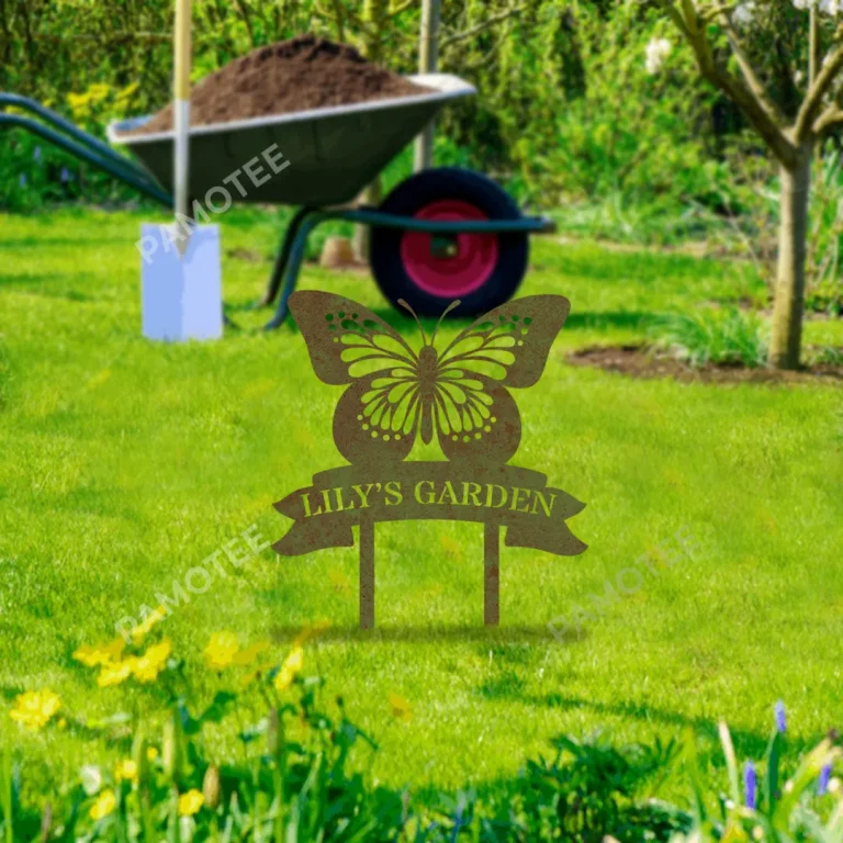 Customized Butterfly Above Ribbon Green Metal Garden Art Monogram, Butterfly Stake For Mother