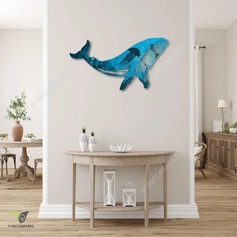 Humpback Whale With Ocean Scene Inside Metal Wall Art, Humpback Whale Metallic Beach Accent