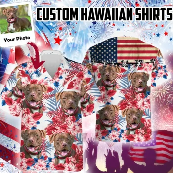 Custom Your Pet Photo 4th Of July Hawaiian Shirt, Personalized Pet Photo Aloha Shirt, Custom Face American Flag Hawaii Shirt