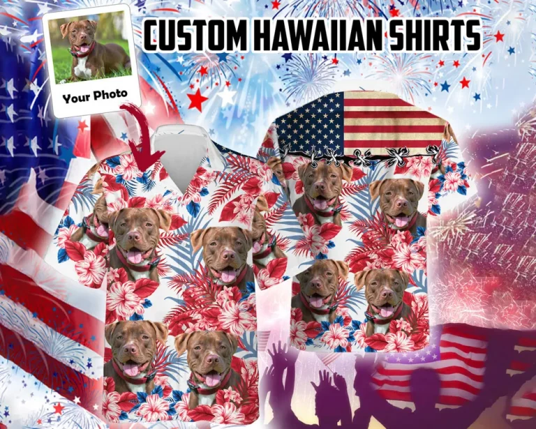 Custom Your Pet Photo 4th Of July Hawaiian Shirt, Personalized Pet Photo Aloha Shirt, Custom Face American Flag Hawaii Shirt