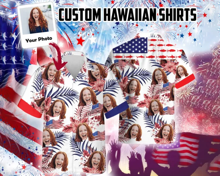 Custom American Flag Hawaiian Shirt Men Women, Personalized 4th Of July Shirt With Face,independence Day Hawaiian Summer Beach Shirt