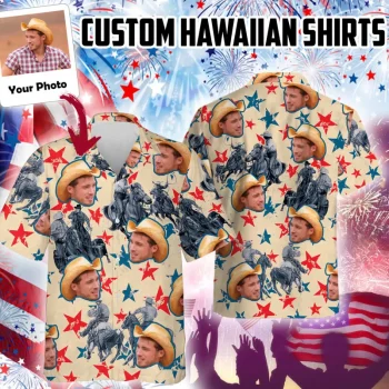 4th Of July With Custom Face Beach Shirt, American Flag Hawaiian Shirt With Face, Independence Day Aloha Shirt