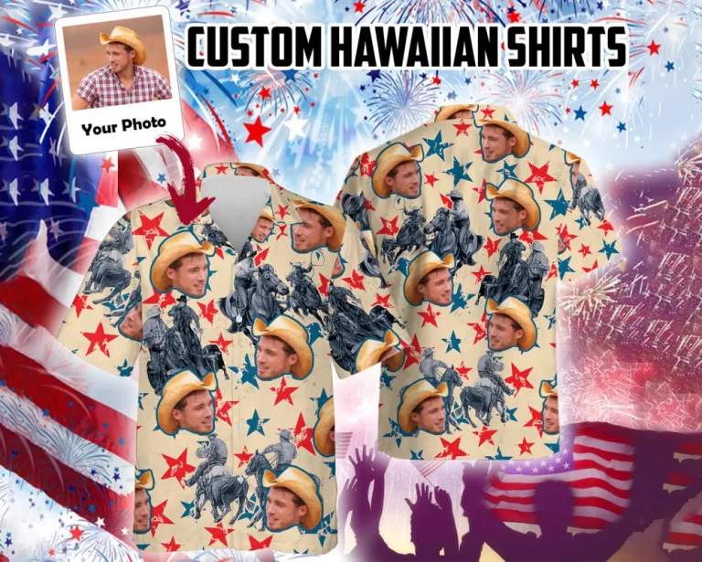 4th Of July With Custom Face Beach Shirt, American Flag Hawaiian Shirt With Face, Independence Day Aloha Shirt