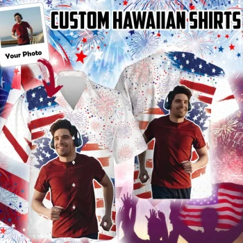 Custom Face American Flag Hawaiian Shirts, Personalized Your Photo Patriotic 4th Of July Aloha Shirt, Custom 4th Of July Summer Shirt