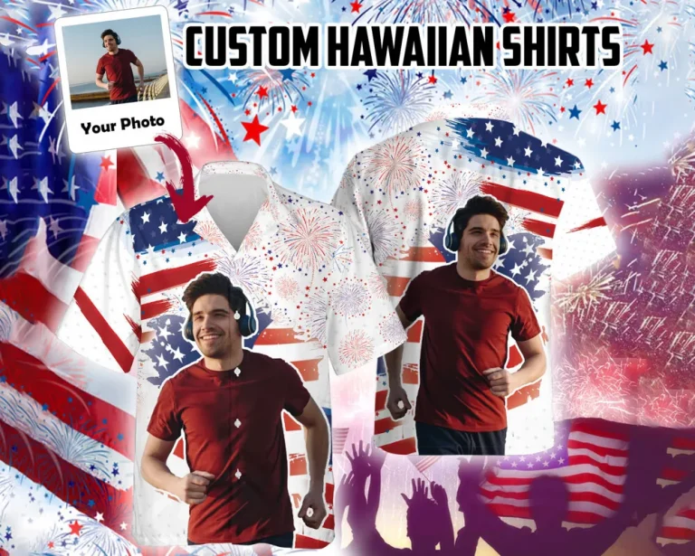 Custom Face American Flag Hawaiian Shirts, Personalized Your Photo Patriotic 4th Of July Aloha Shirt, Custom 4th Of July Summer Shirt