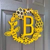 Monogram Honey Comb Honey Bee Floral Wreath, Cut Metal Sign, Metal Wall Art, Metal House Sign