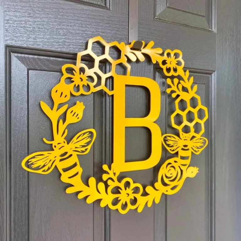 Monogram Honey Comb Honey Bee Floral Wreath, Cut Metal Sign, Metal Wall Art, Metal House Sign