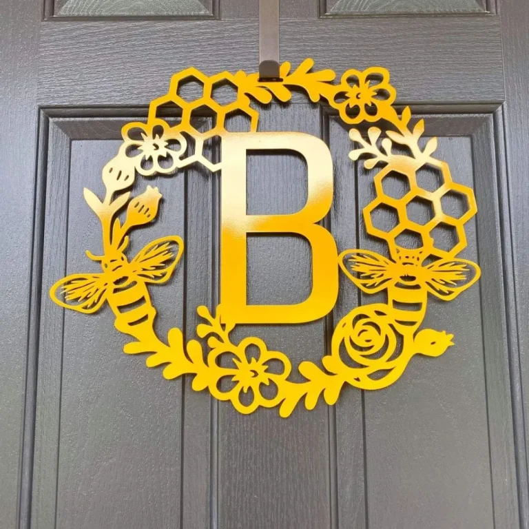 Monogram Honey Comb Honey Bee Floral Wreath, Cut Metal Sign, Metal Wall Art, Metal House Sign