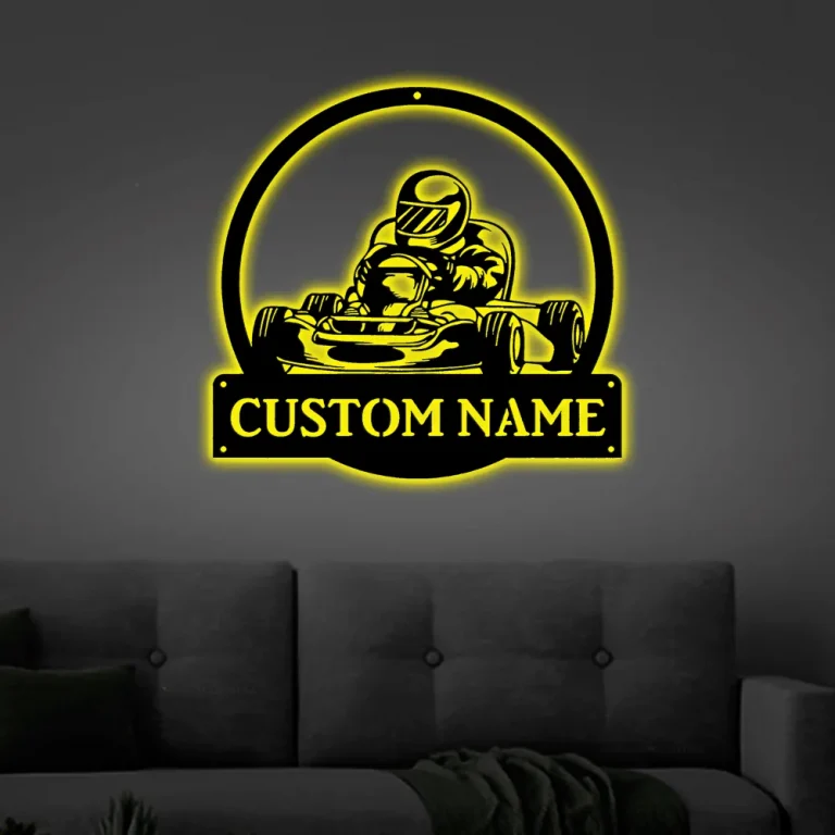 Custom Kart Racing Metal Wall Art With Led Lights, Personalized Go Kart Racing Metal Signs, Go Kart Name Metal Wall Decor