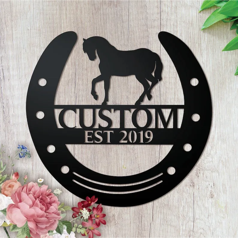 il_794xN.1920752545_j5ps.webp Metal Horseshoe Last Name Door Sign, Monogram Door Hanger, Door Decor, Monogram Wall Art, Metal Family Name Sign, Last Name Sign