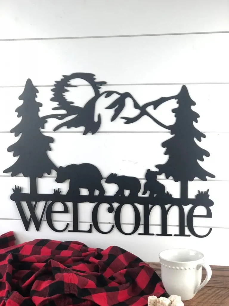 Bear Welcome Metal Sign, Rustic Bear Cabin Metal Art, Mountain Bear Scene, Metal Sign, Mountain Home Sign, Forest Scene
