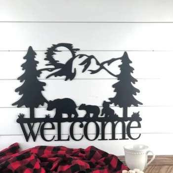 Bear Welcome Metal Sign, Rustic Bear Cabin Metal Art, Mountain Bear Scene, Metal Sign, Mountain Home Sign, Forest Scene