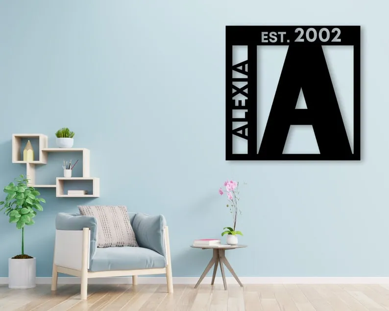 il_794xN.2792621661_toox.webp Square Initial And Name Est Sign , Custom Quote Signs, Welcome Sign, Family Gift, Metal Initial , Metal Name Sign