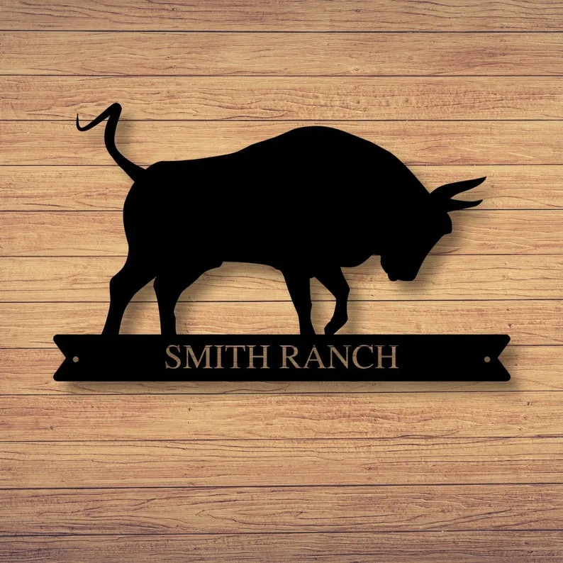 il_794xN.3069186787_r0xt.webp Custom Family Name Bull Sign, Metal Bull Sign, Farmhouse Decor, Outdoor Family Sign, Outdoor Decor, Wall Art, Metal Sign, Bull Ranch Sign