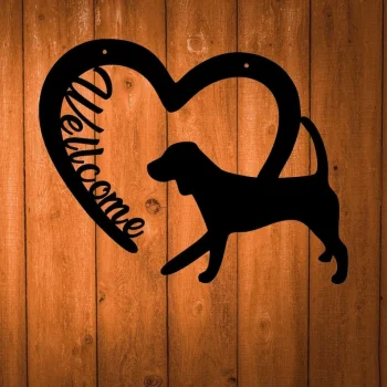 Welcome Sign With Dog And Heart Silhouette, Metal Wall Art Decor, Personalizable Steel Hanging With Color Options