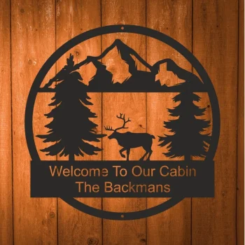 Personalized Welcome To Our Patio Metal Sign, Custom Metal Cabin Sign Outdoor, Deer, Trees And Mountain Silhouette