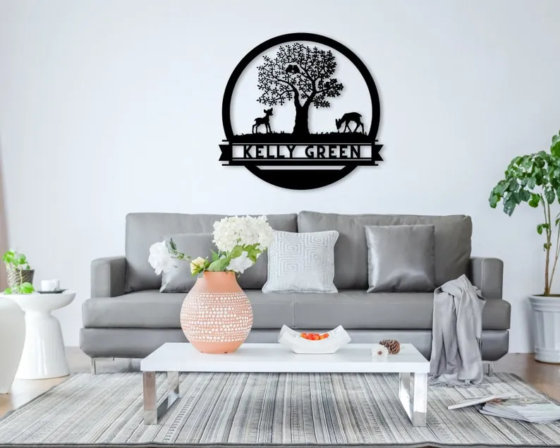 il_794xN.3204503444_j1wl.webp Custom Double Fawn Owl Hummingbird Est Sign, Metal Deer Sign, Dad Gift, Name Monogram, Grandpa Gift
