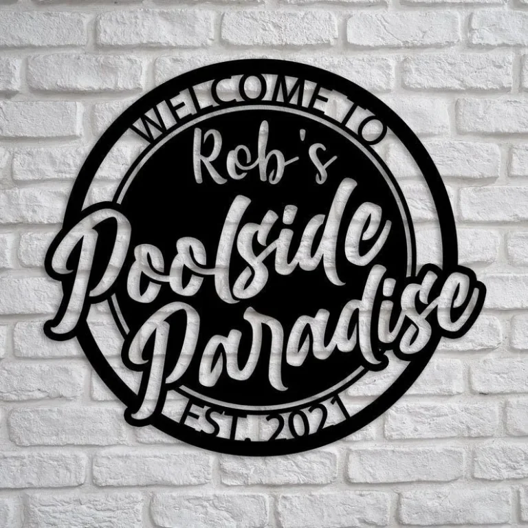 Personalized Poolside Metal Wall Art, Custom Family Name Poolside Paradise Decor, Metal Swimming Pool Sign