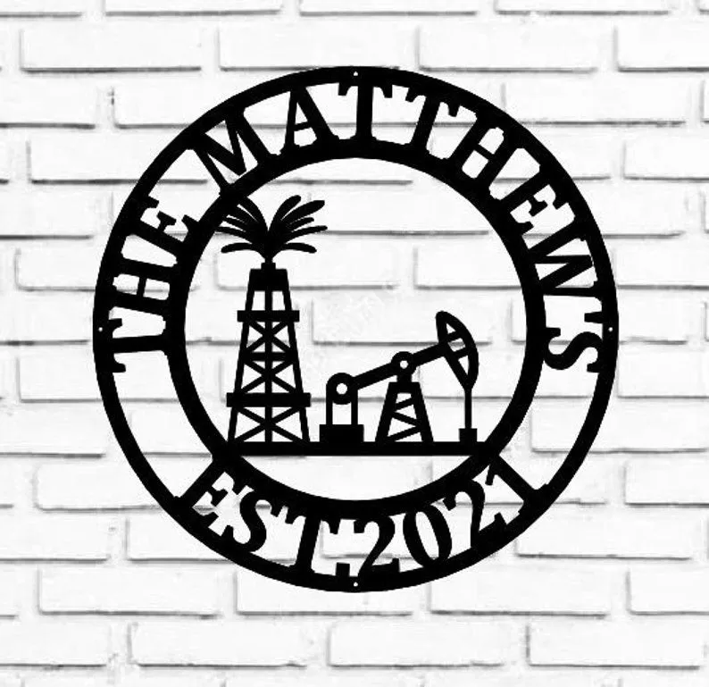 il_794xN.3218383670_cqb1_0548e625-8d40-43a8-8ecf-22f85e7fe178.webp Personalized Metal Name Sign, Custom Oil Field Sign, Oil Rig Welcome Sign, Rustic Metal Wall Art, Split Monogram Metal Sign, Driller Gift